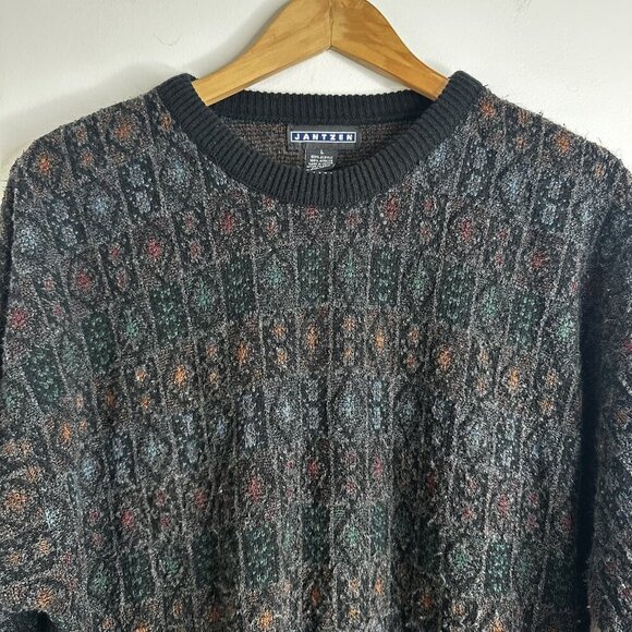 Vtg Jantzen Sweater Mens L Black Multicolor Textured Knit‎ Crewneck Grunge 90s - Picture 2 of 10